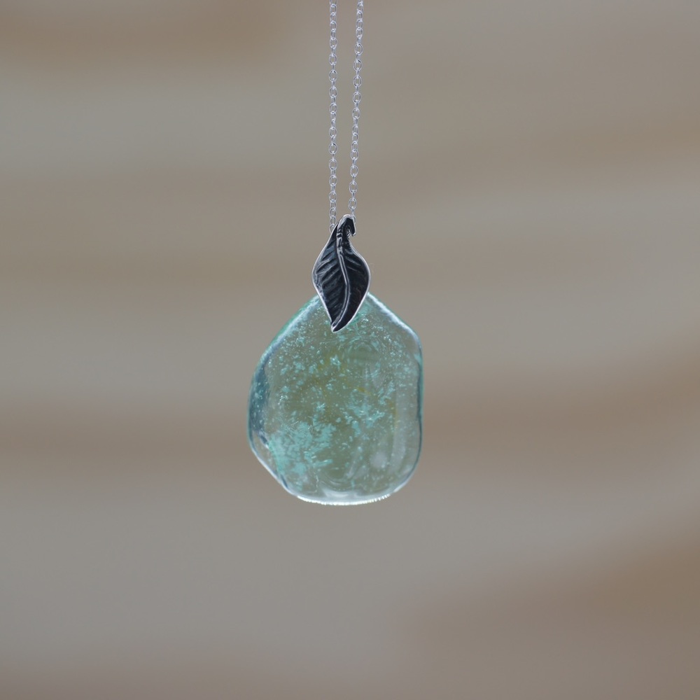 Wine Glass Necklace Recycled Material Green Leaf Nature Seaglass Handmade Gift